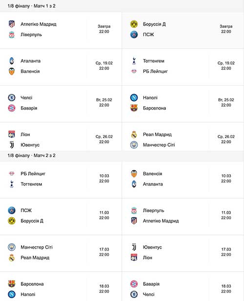 Расписание матчей Лиги чемпионов